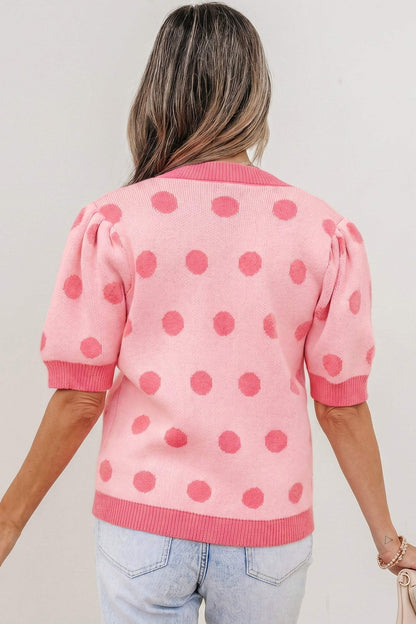 Pink Polka Dot Puff Short Sleeve Sweater Top