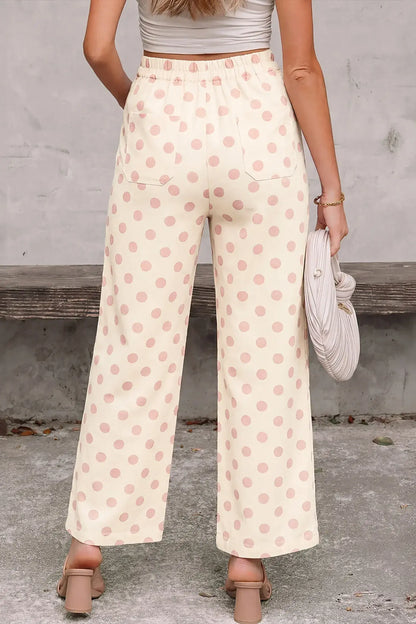 Black Polka Dot Print Patched Pocket Mid-rise Straight Leg Pants - Sweet Fashion Wholesale