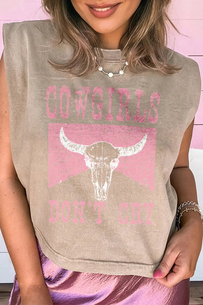 Smoke Gray COWGIRLS DONT CRY Western Graphic Mineral Wash Tank Top - Sweet Fashion Wholesale