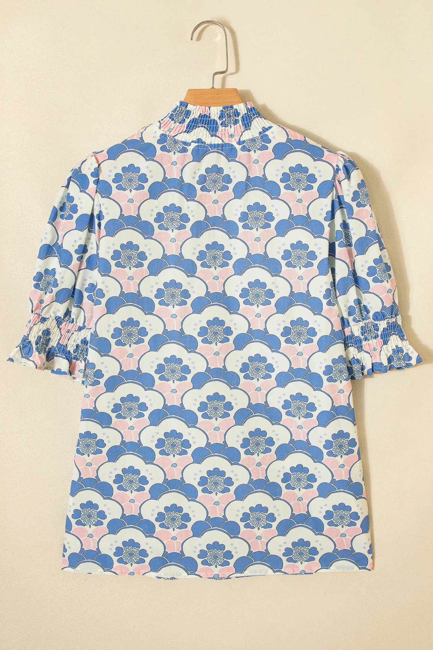 Sky Blue Floral Print Flounced Short Sleeve Contrast Trim V Neck Blouse - Sweet Fashion Wholesale