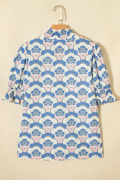 Sky Blue Floral Print Flounced Short Sleeve Contrast Trim V Neck Blouse - Sweet Fashion Wholesale