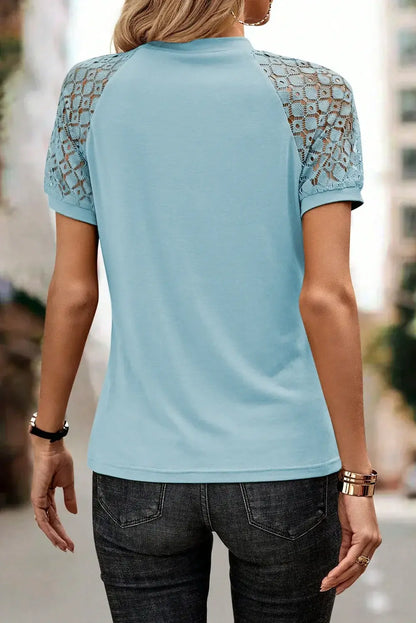 Navy Blue Seamed Detail Contrast Lace Raglan Sleeve Tee - Sweet Fashion Wholesale