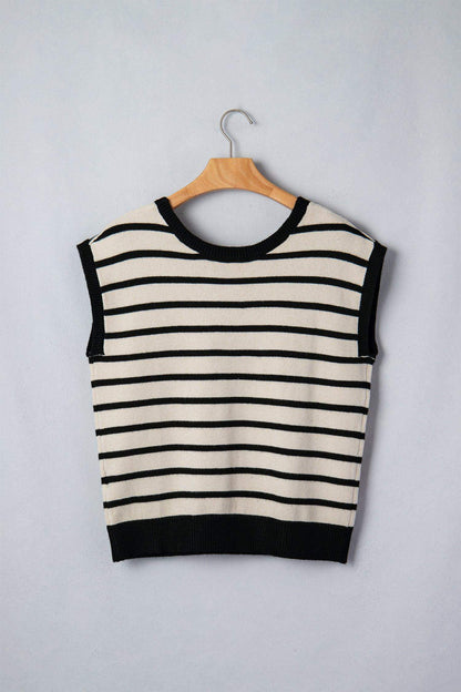Black Stripe Bow Applique Short Sleeve Sweater