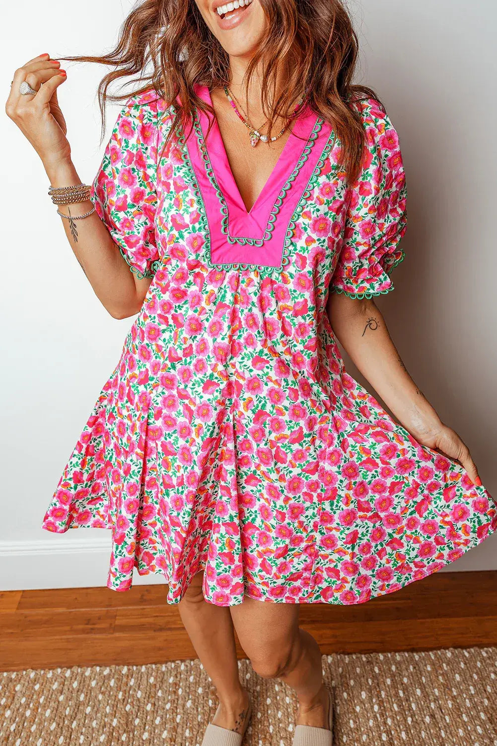 Pink Floral Print V Neck Patchwork Short Bubble Sleeve Mini Dress - Sweet Fashion Wholesale