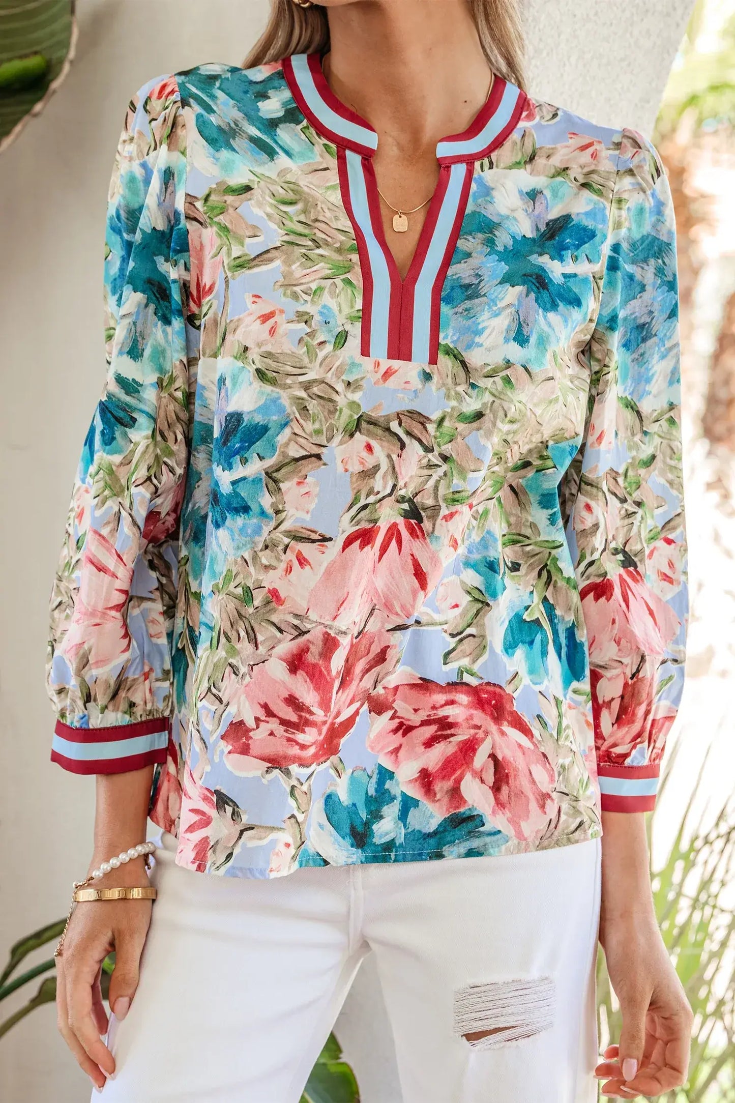 Sky Blue Contrast Trim V Neck Cuffed Bracelet Sleeve Floral Blouse - Sweet Fashion Wholesale
