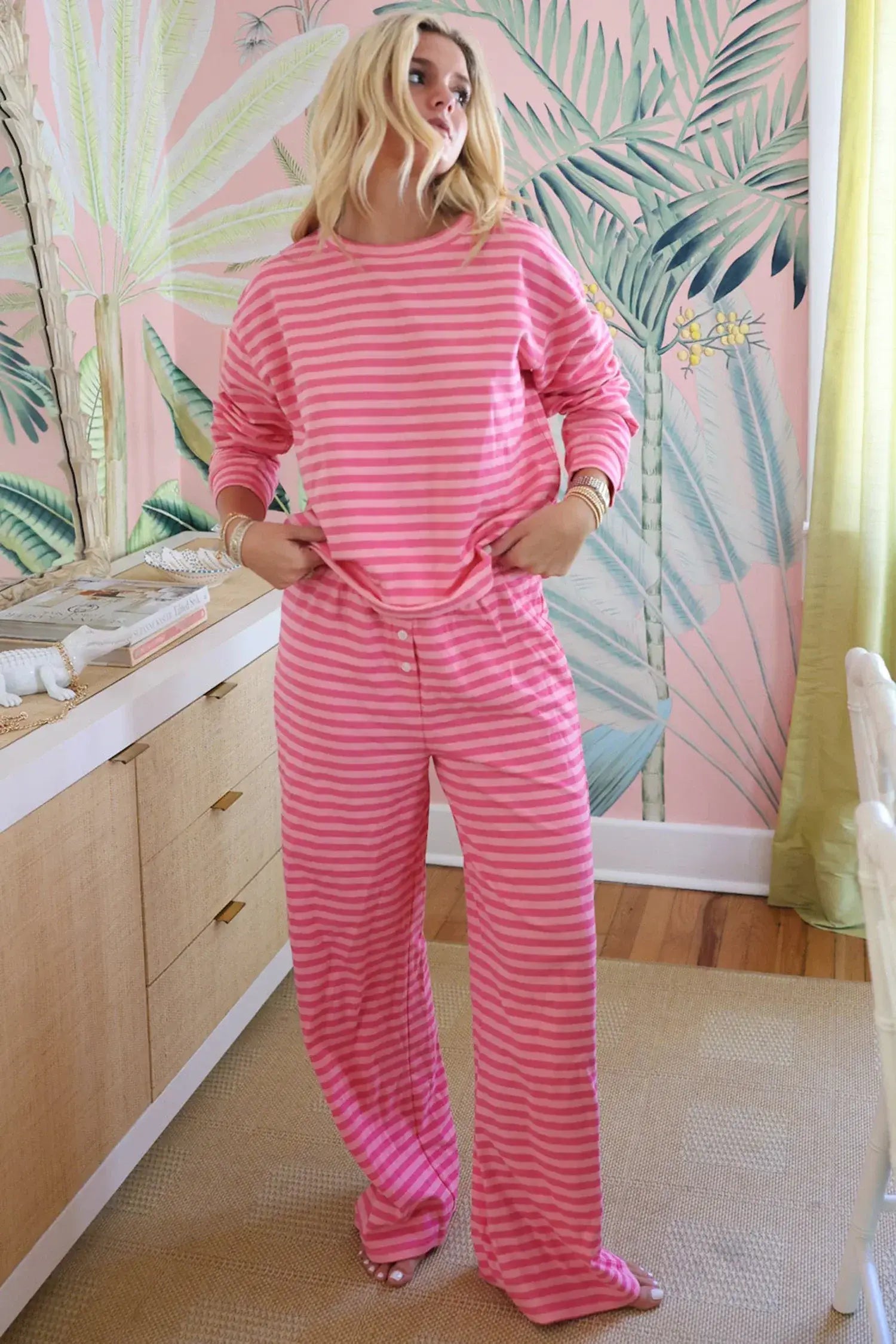 Rose Stripe Drop Shoulder Round Neck Top and Buttoned Straight Pants Two Piece Set - Sweet Fashion Wholesale