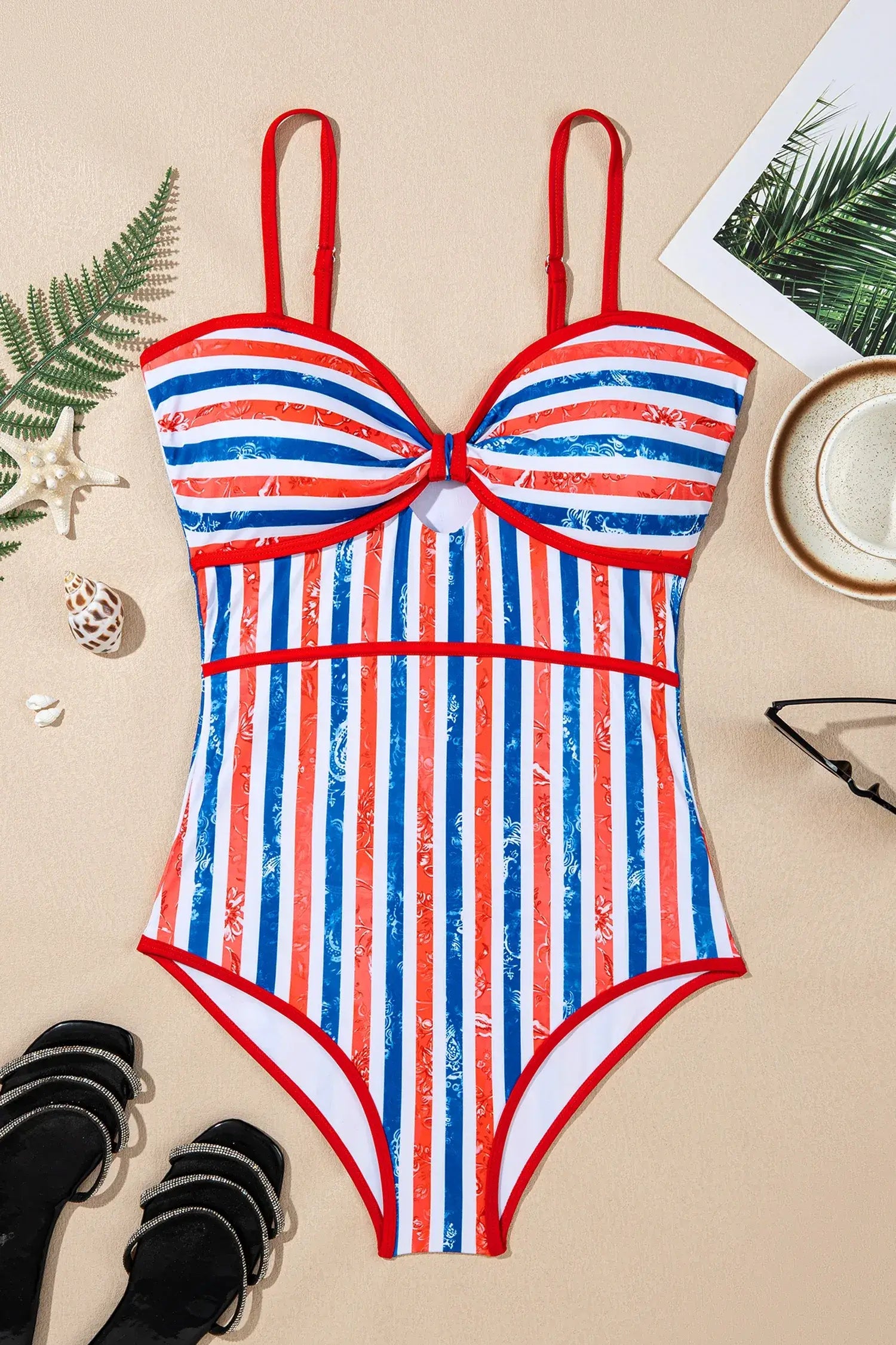 Red July 4th Stripes Star Floral Impression Cutout Spaghetti Straps One Piece Swimsuit - Sweet Fashion Wholesale
