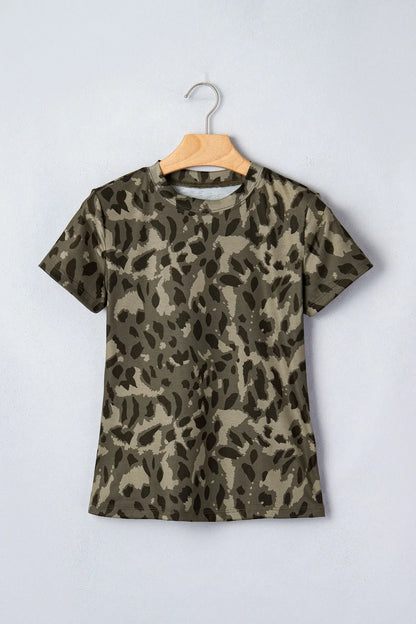 Brown Retro Leopard Print Mock Neck Slim Tee - Sweet Fashion Wholesale