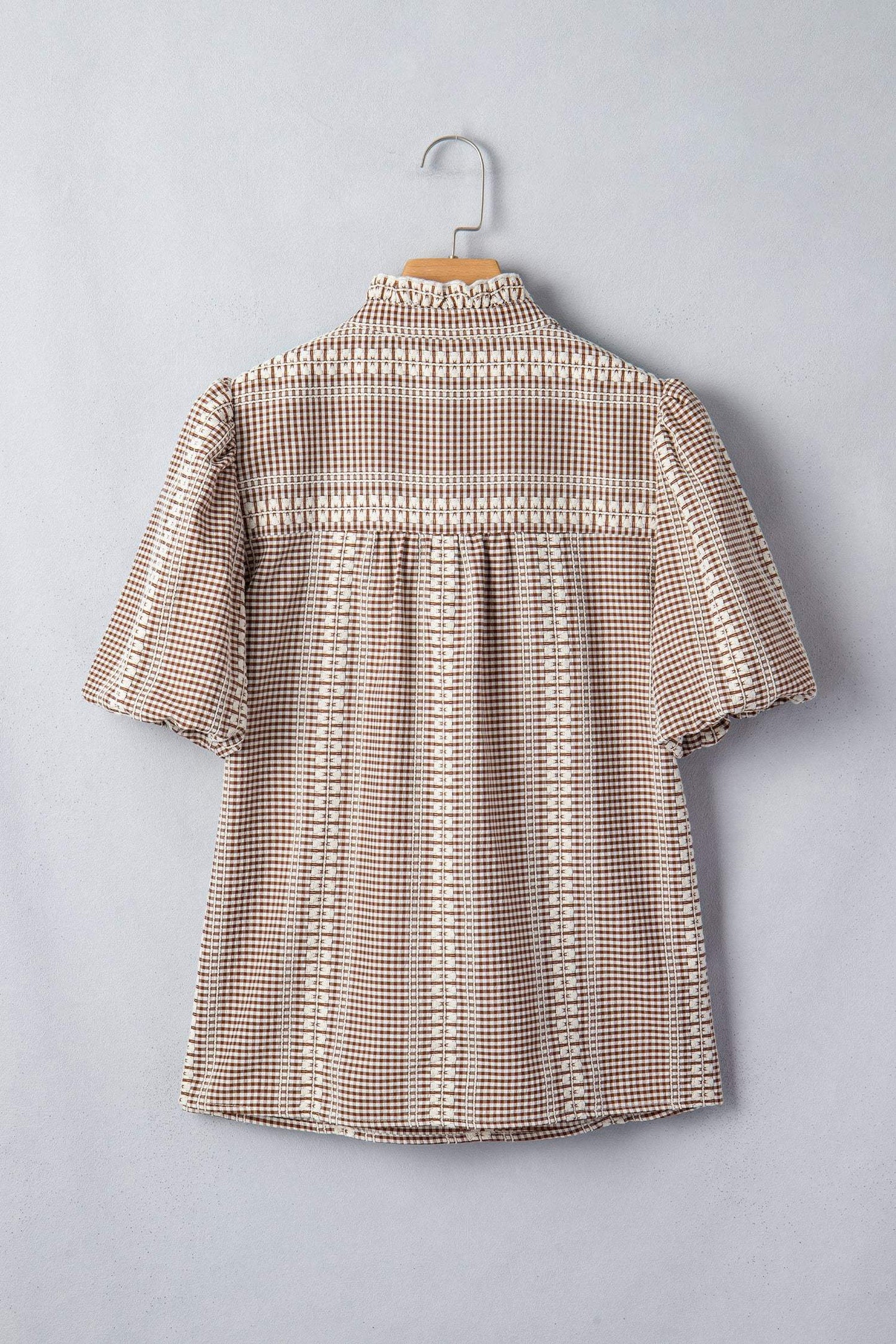 Red Western Pony Embroidered Yoke Puff Sleeve Gingham Blouse