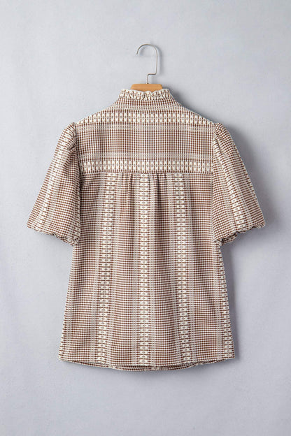 Red Western Pony Embroidered Yoke Puff Sleeve Gingham Blouse