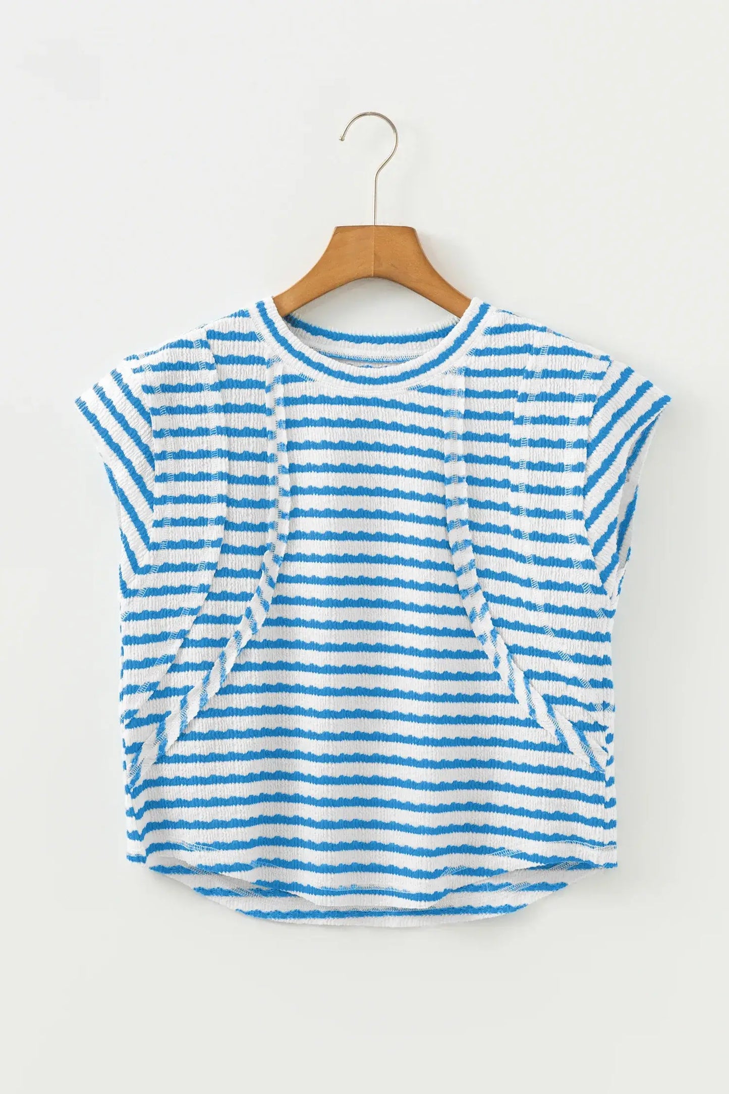 Blue Stripe Textured Short Sleeve Patchwork T Shirt - Sweet Fashion Wholesale