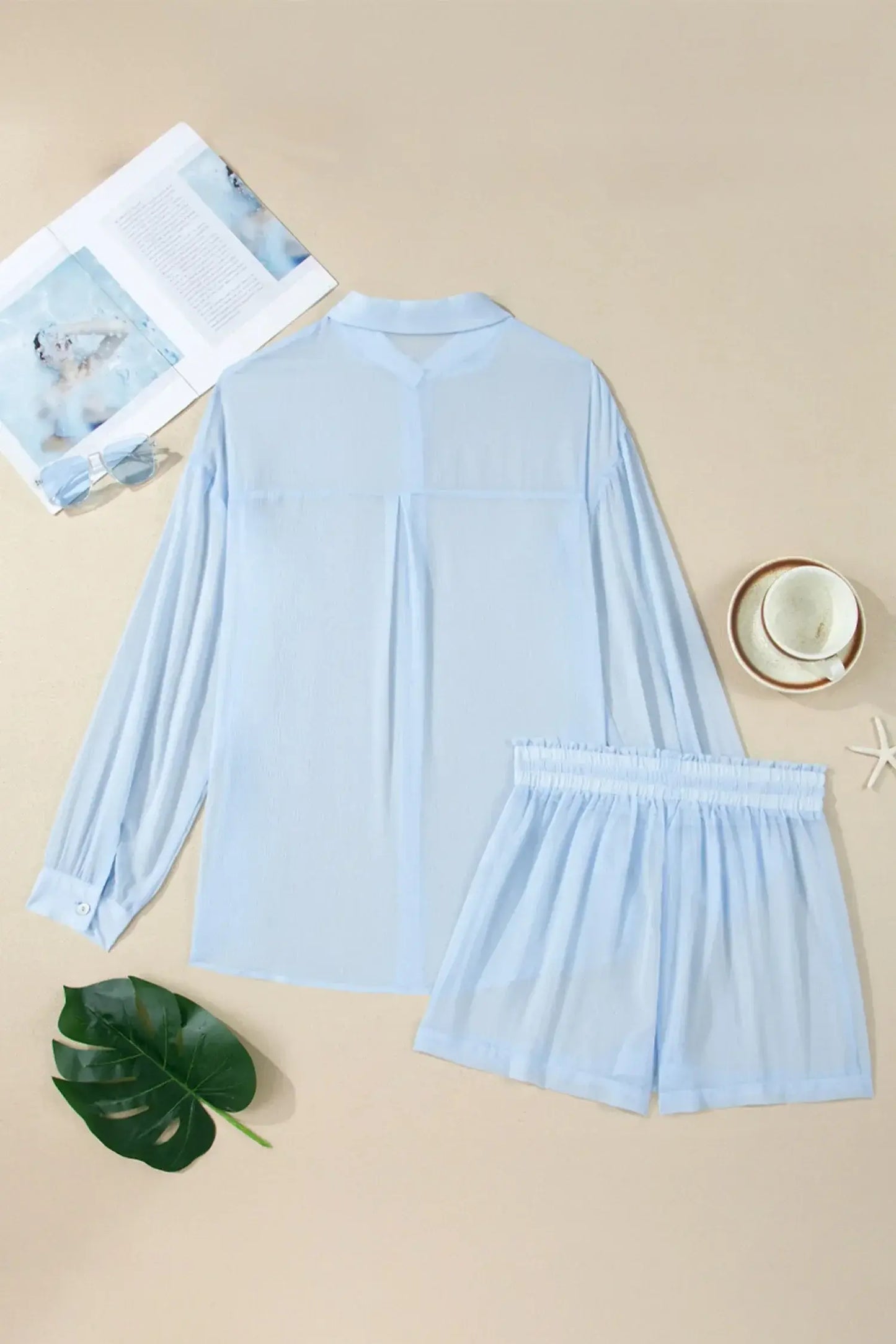 Beau Blue Sheer Tunic Shirt Drawstring Shorts 2pcs Swim Cover Up - Sweet Fashion Wholesale