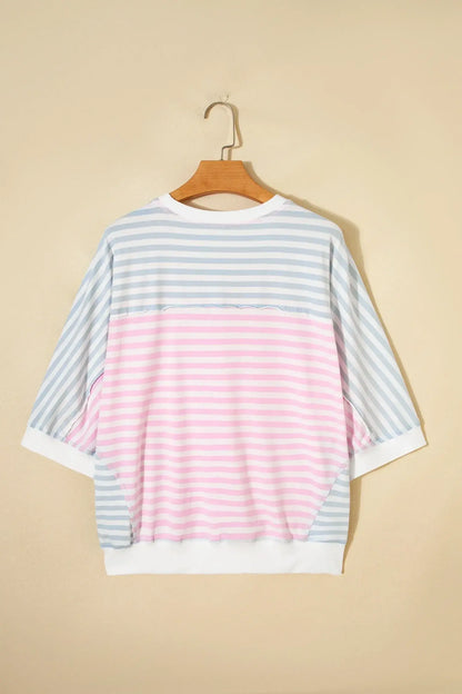 Casual Stripe Oversize Dolman Sleeve Patchwork T Shirt - Sweet Fashion Wholesale