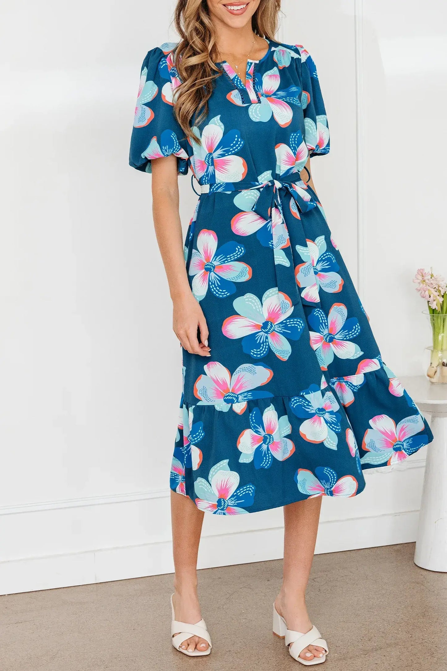 Blue Floral Print Short Puff Sleeve Ruffle Hem Belted Long Dress - Sweet Fashion Wholesale