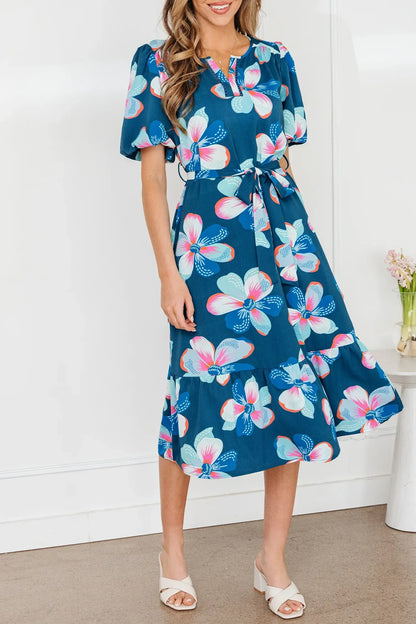 Blue Floral Print Short Puff Sleeve Ruffle Hem Belted Long Dress - Sweet Fashion Wholesale