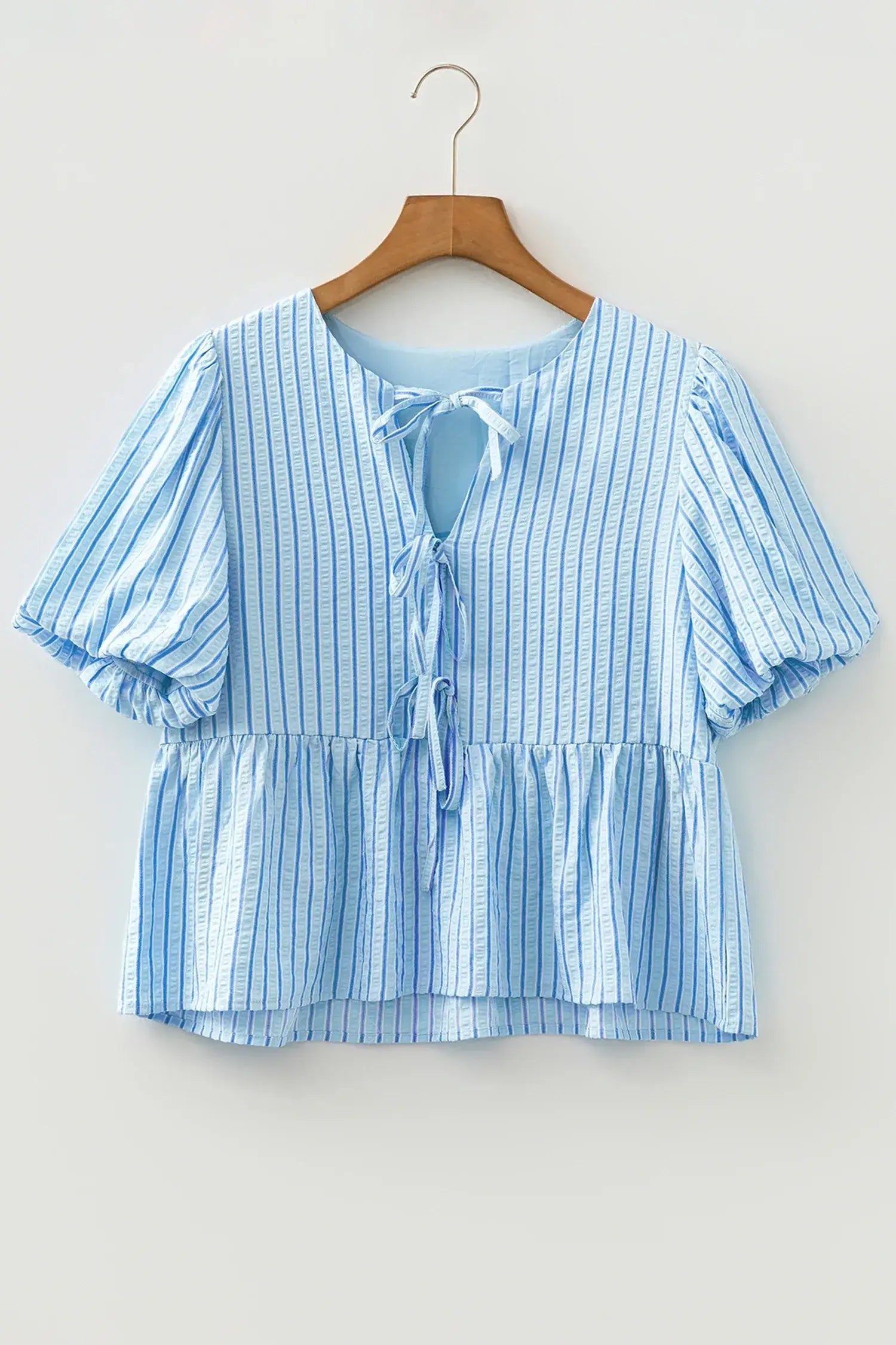Sky Blue Stripe Bow Knot Textured Short Puff Sleeve Babydoll Blouse - Sweet Fashion Wholesale