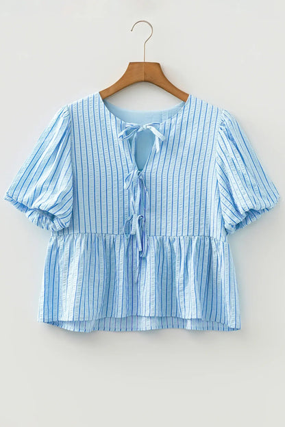 Sky Blue Stripe Bow Knot Textured Short Puff Sleeve Babydoll Blouse - Sweet Fashion Wholesale