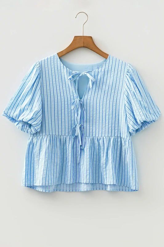 Sky Blue Stripe Bow Knot Textured Short Puff Sleeve Babydoll Blouse - Sweet Fashion Wholesale