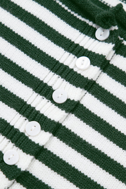 Green Stripe Striped Button Placket Drop Shoulder Long Sleeve Sweater