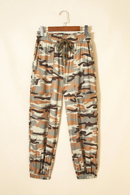 Green Camouflage Printed Drawstring Elastic Waist Jogger Pants - Sweet Fashion Wholesale