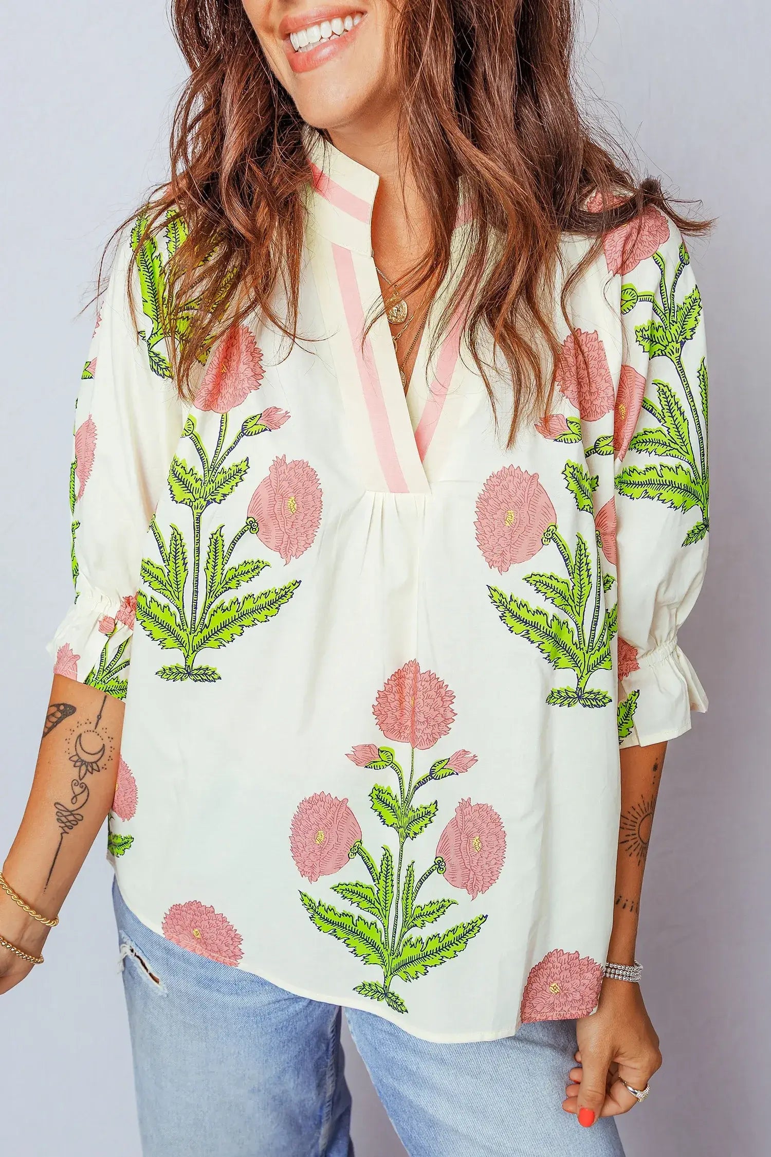 Casual Wild Flower Print V Neck 3/4 Sleeve Blouse - Sweet Fashion Wholesale