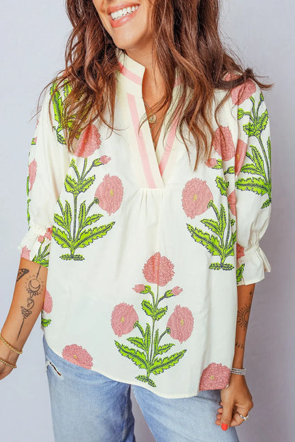 Casual Wild Flower Print V Neck 3/4 Sleeve Blouse - Sweet Fashion Wholesale