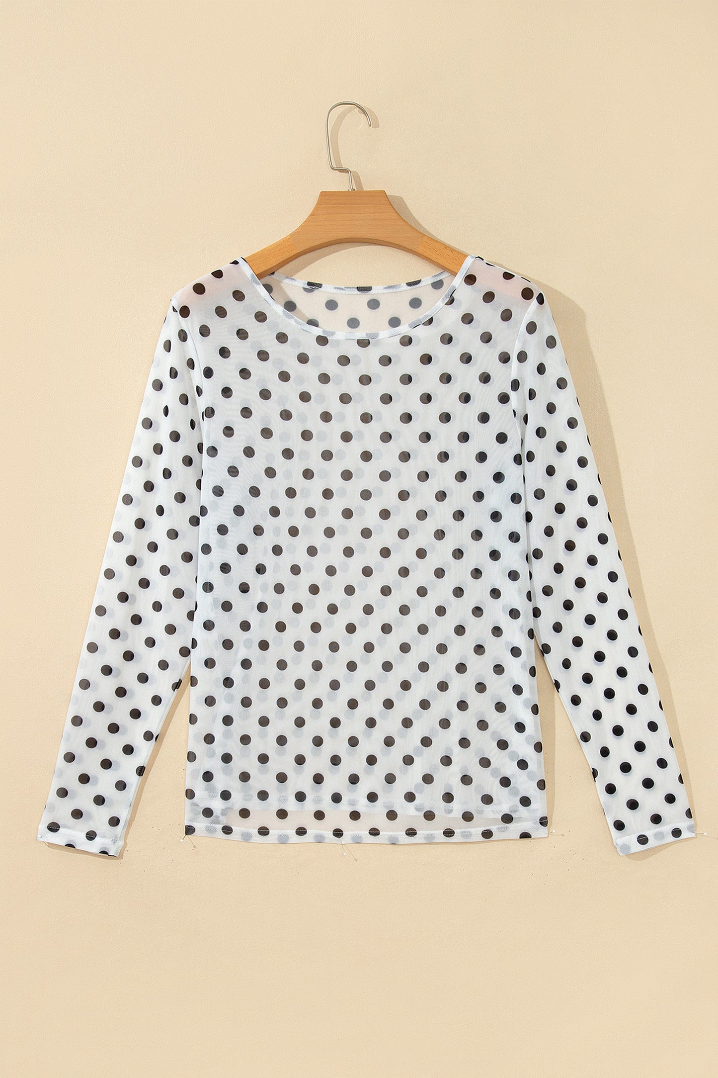 Black Polka Dot Sheer Mesh Long Sleeve Round Neck Shift Blouse