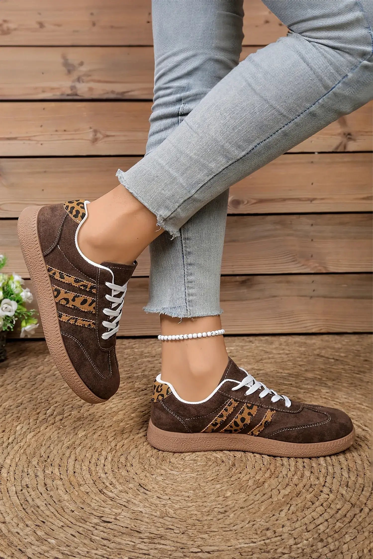Coffee Contrast Lace-up Leopard Patchwork Detail Faux Suede Shoes - Sweet Fashion Wholesale