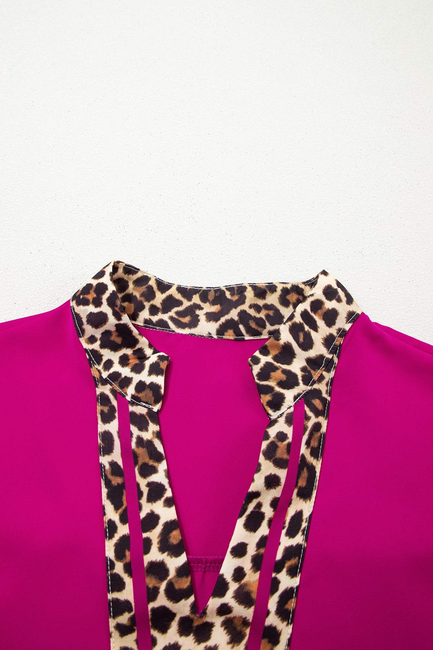 Violet Leopard Patchwork Trim Split Neck Short Sleeve Blouse