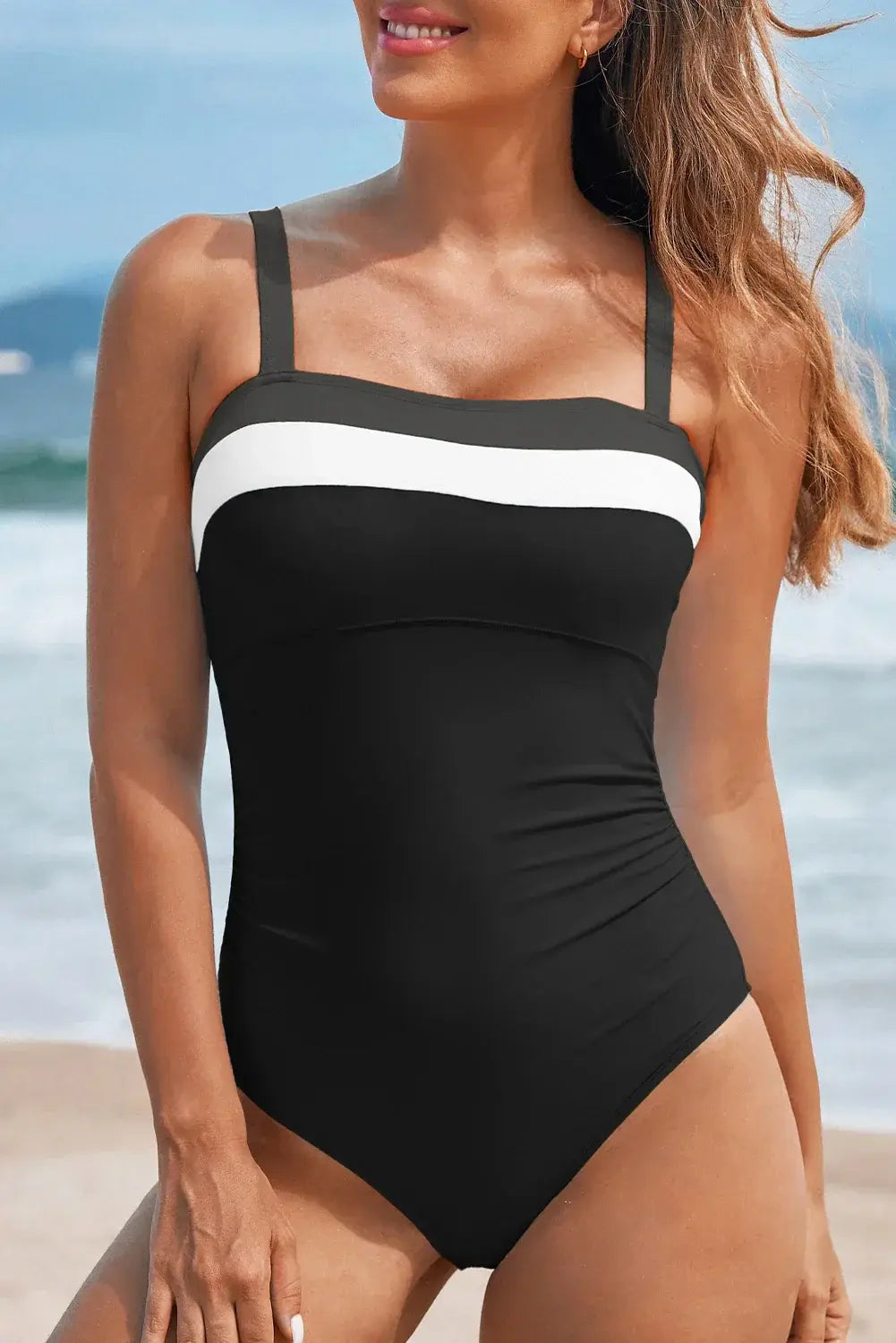 Black Color Block Detail Adjustable Straps One Piece Swimsuit - Sweet Fashion Wholesale