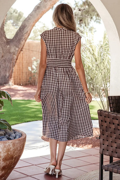 Red Plaid Print Full Zipper Cinched Waist Fit Flare Sleeveless Maxi Dress - Sweet Fashion Wholesale