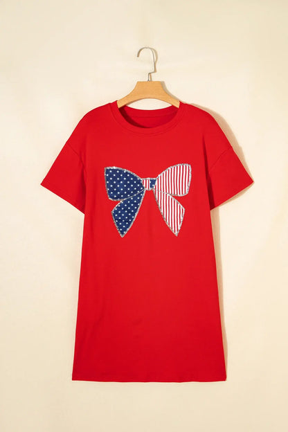 Fiery Red Sequin Trim Stars and Stripes Bow Patched T Shirt Mini Dress - Sweet Fashion Wholesale