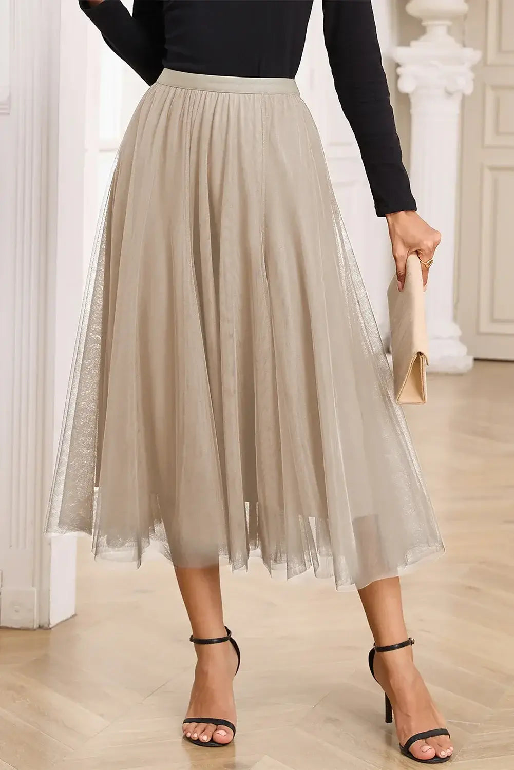 Apricot Tulle Mesh Overlay Flared Midi Skirt - Sweet Fashion Wholesale