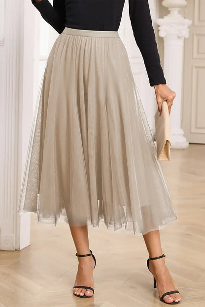 Apricot Tulle Mesh Overlay Flared Midi Skirt - Sweet Fashion Wholesale