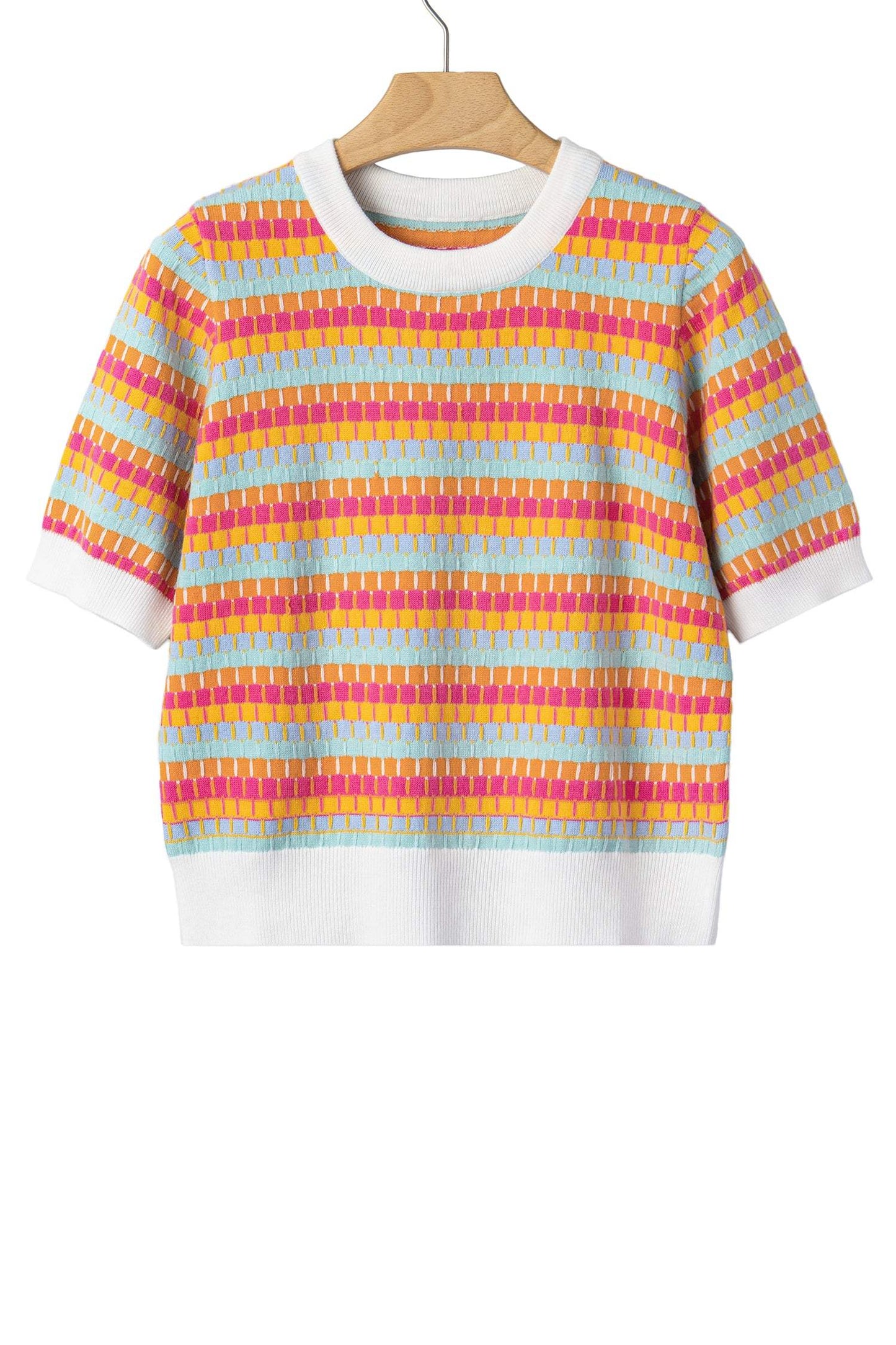 Orange Abstract Striped Knit Short Sleeve Sweater