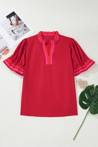 Fiery Red Striped Frilled Collar Ruffled Short Sleeve Blouse - Sweet Fashion Wholesale