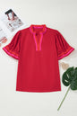 Fiery Red Striped Frilled Collar Ruffled Short Sleeve Blouse - Sweet Fashion Wholesale