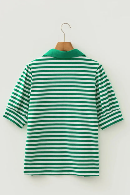 Green Stripe Collared V Neck Short Puff Sleeve Top - Sweet Fashion Wholesale
