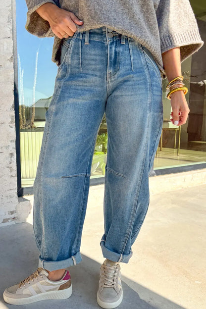 Sky Blue Medium Wash Cuffed Barrel Jeans - Sweet Fashion Wholesale