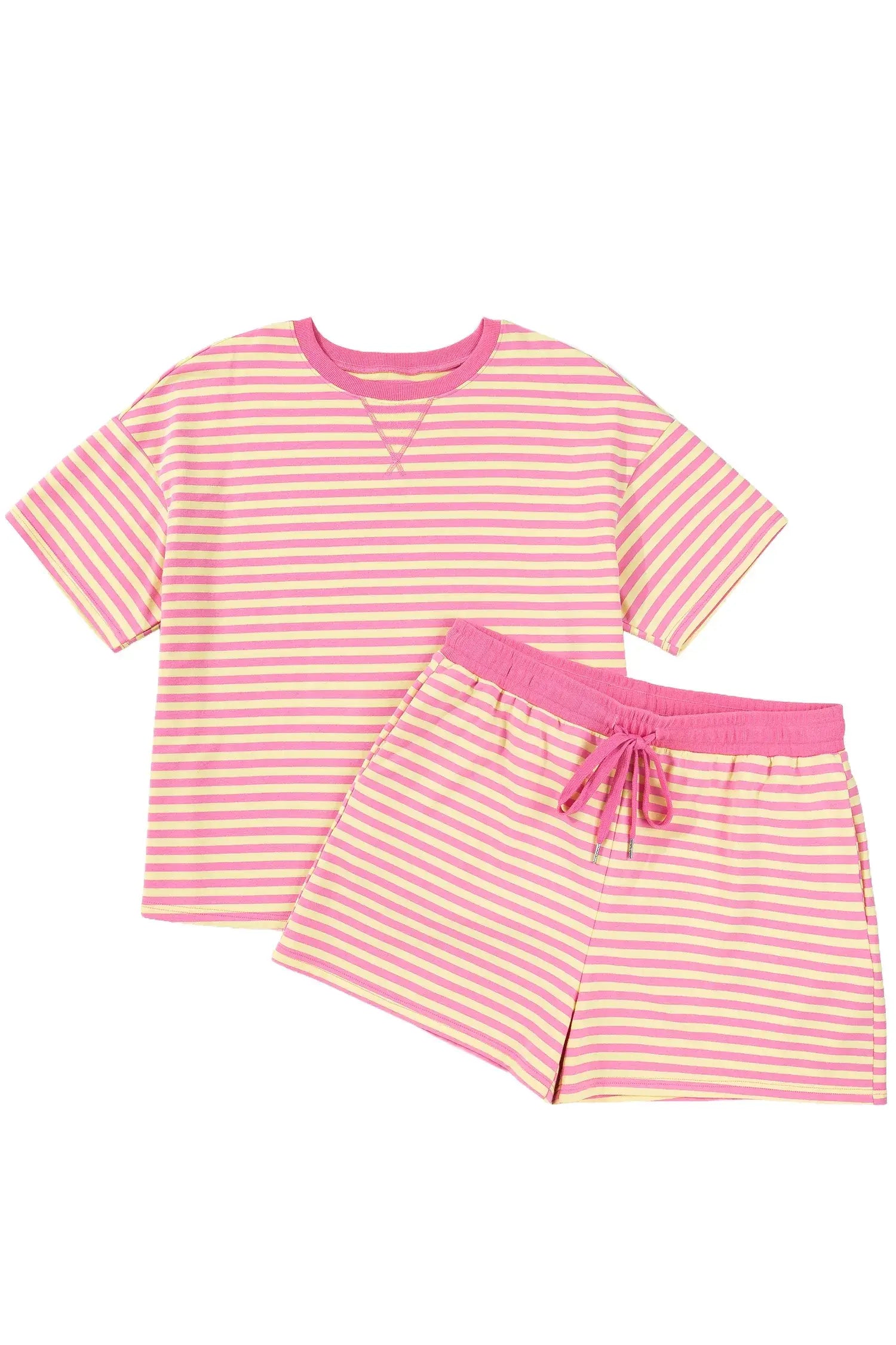 Green Stripe Boxy Tee Drawstring Elastic Waist Plus Size Short Set - Sweet Fashion Wholesale