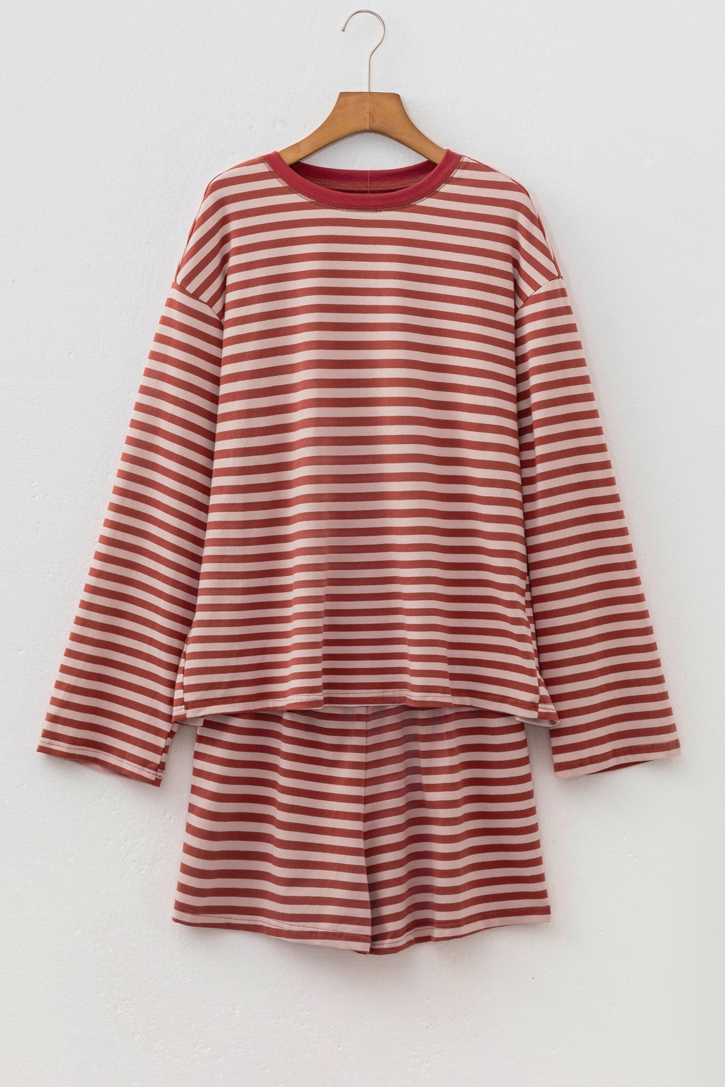 Brown Stripe Relaxed Long Sleeve Top Contrast Elastic Waistband Short Set