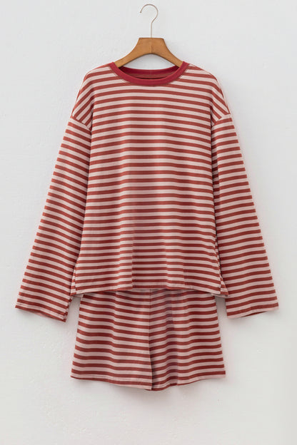 Brown Stripe Relaxed Long Sleeve Top Contrast Elastic Waistband Short Set