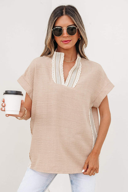 Parchment Crochet Lace Accent Pullover Rolled Short Sleeve Blouse
