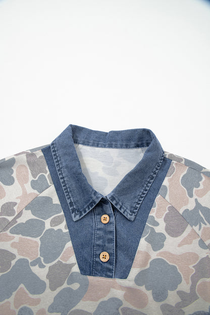 Multicolour Camouflage Print Denim Patchwork Polo Collar Tee