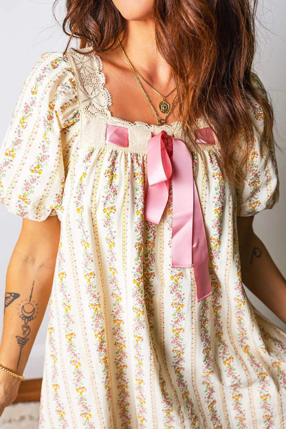 Multicolour Floral Print Contrast Ribbon Bow Lace Trim Square Neck Mini Dress - Sweet Fashion Wholesale