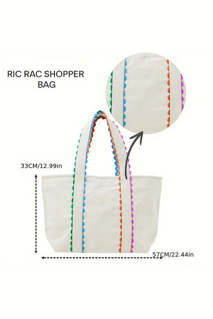 White Colorful Ricrac Detail Canvas Tote Bag