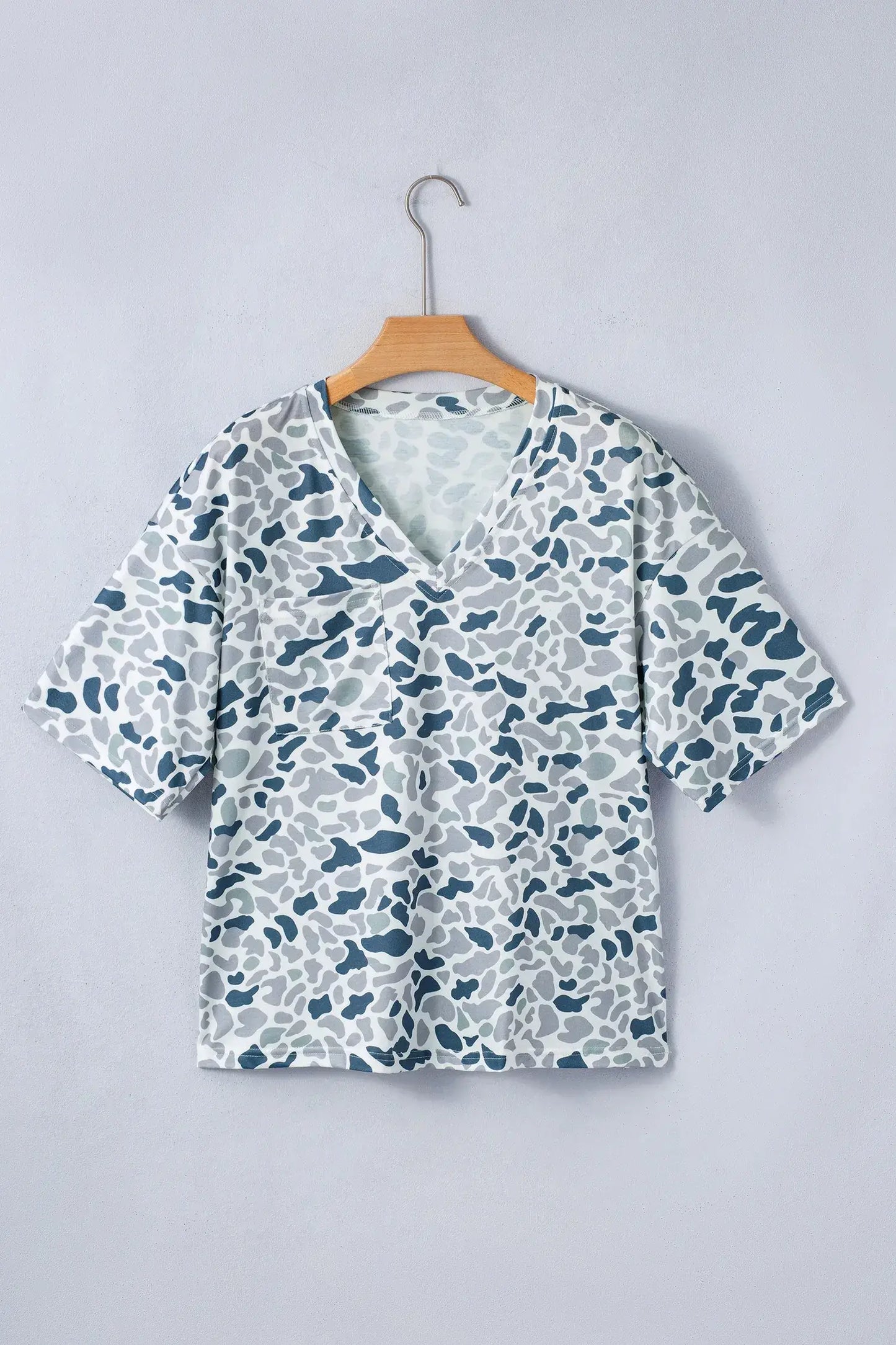 Gray Camouflage Print Single Chest Pocket V Neck Tee - Sweet Fashion Wholesale