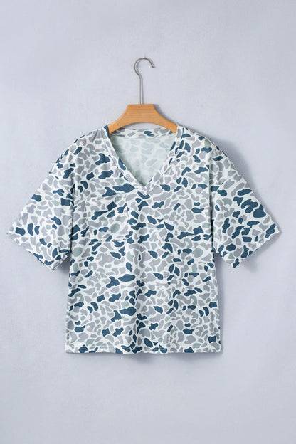 Gray Camouflage Print Single Chest Pocket V Neck Tee - Sweet Fashion Wholesale