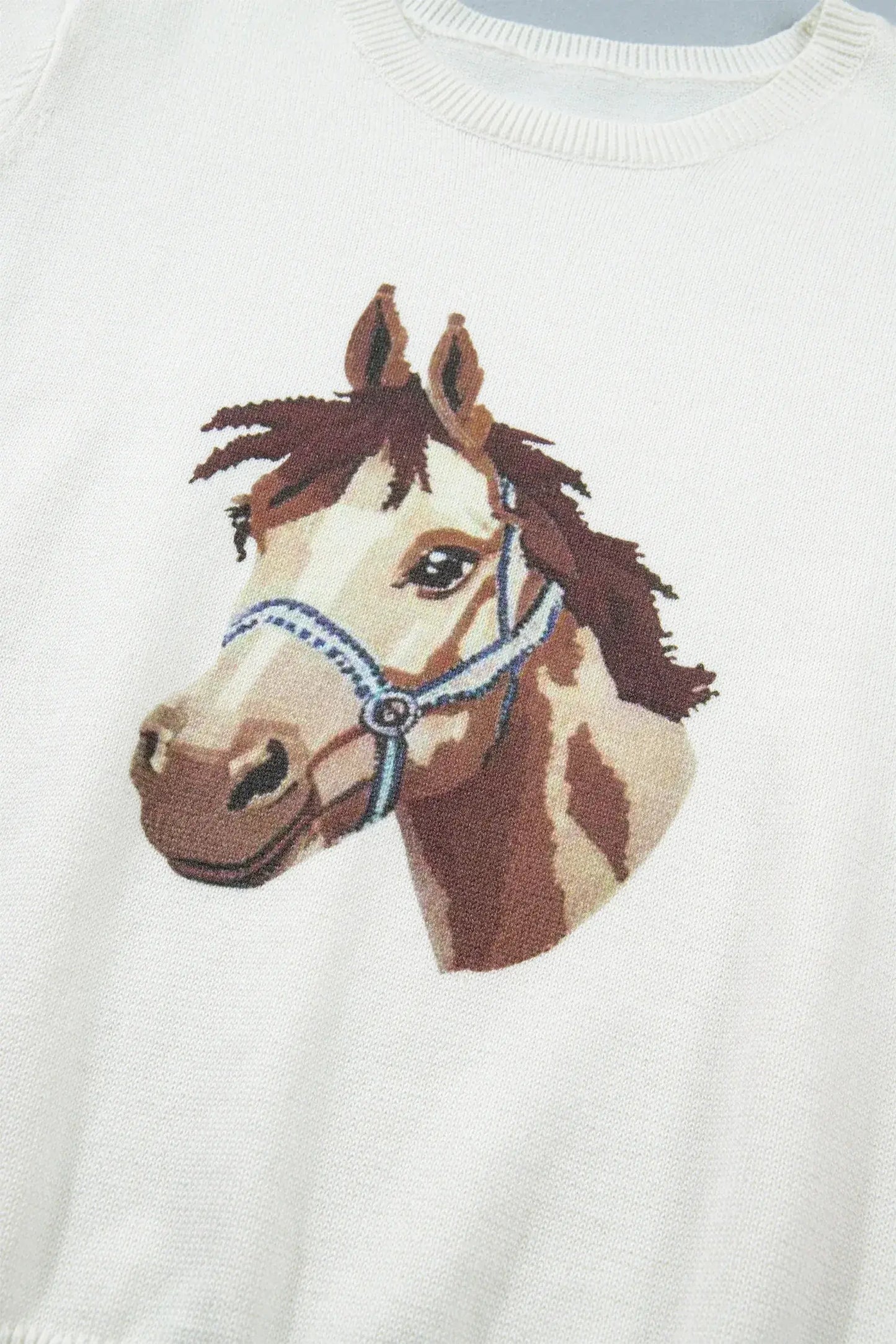White Wild West Horse Head Printed Short Sleeve Sweater - Sweet Fashion Wholesale