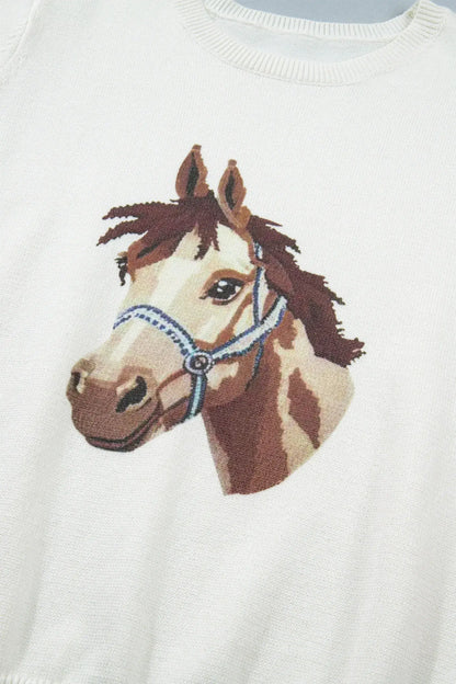 White Wild West Horse Head Printed Short Sleeve Sweater - Sweet Fashion Wholesale